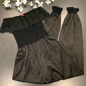 Vintage Undercover Wear Black Nylon Lingerie Jumpsuit Harem Pant Lace Smocked